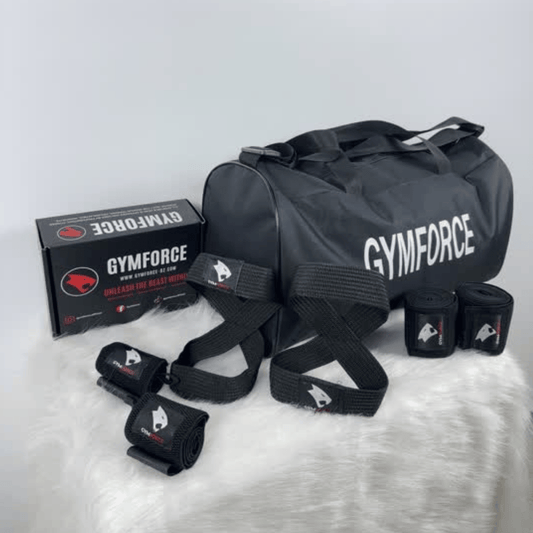 GYMFORCE-Pack Musculation (Serre-poignets + Straps + Genouillères + Sac)