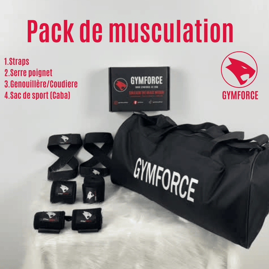 GYMFORCE-Pack Musculation (Serre-poignets + Straps + Genouillères + Sac)